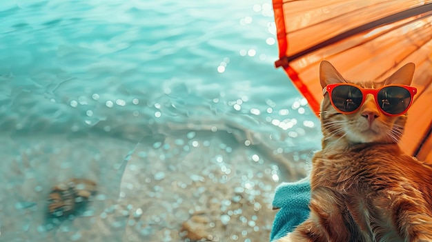 A cat with glasses under an umbrella on the seashore