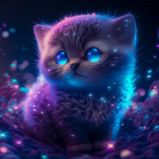 A cat with glowing blue eyes is sitting on a blanket.