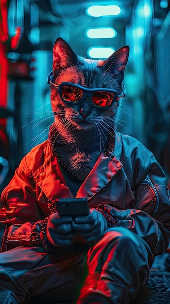 Photo a cat with goggles and a red light in the background