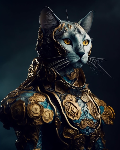 A cat with a gold and blue dress is standing in front of a dark background