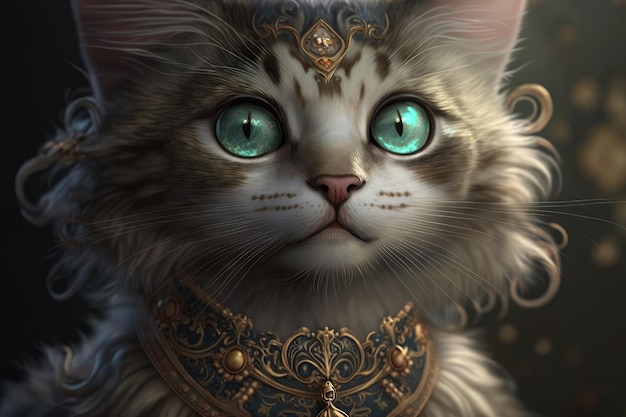 A cat with a gold collar and a green eye