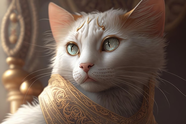 A cat with a gold crown and green eyes