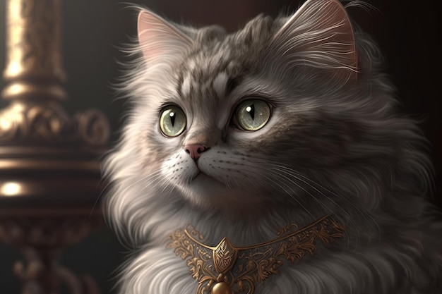 A cat with a golden collar and a gold necklace.