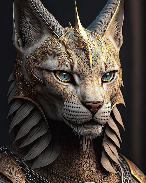 A cat with a golden crown and gold eyes.