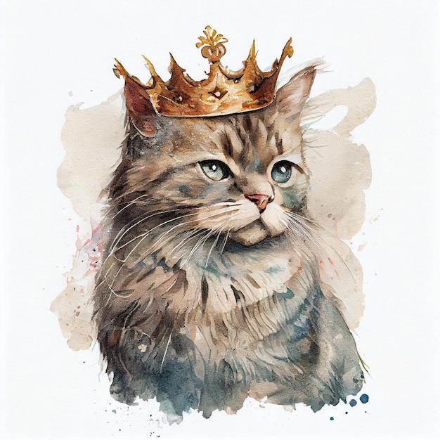 A cat with a golden crown on his head is shown.