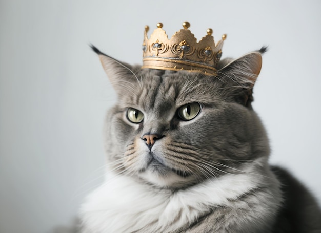 Cat with a golden crown on a white background