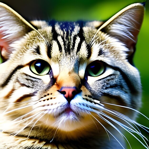 A cat with a green background and a black and tan stripes.