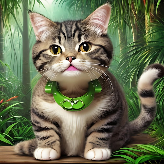 a cat with a green collar that says cat