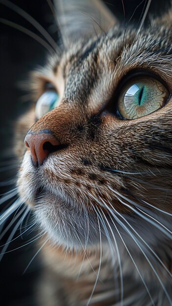 a cat with a green eye and a black background