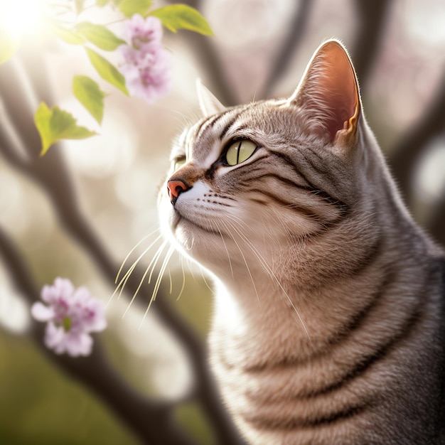 A cat with a green eye and a pink flower in the background.