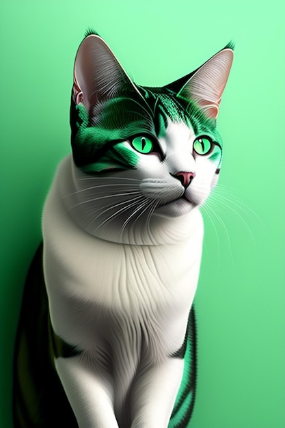 A cat with green eyes and a black and white tail