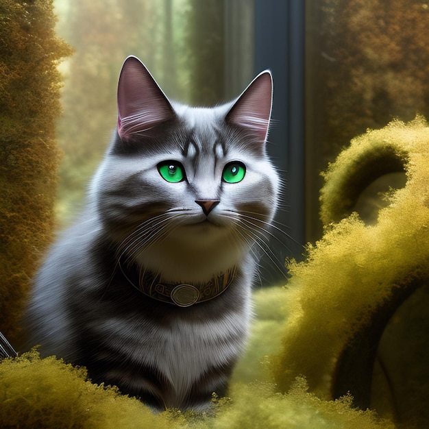 A cat with green eyes and a collar with a gold chain around it.