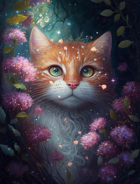 A cat with green eyes and a green eyes is surrounded by flowers.