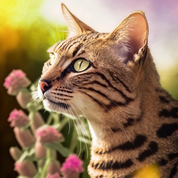 A cat with green eyes is in a field of flowers.