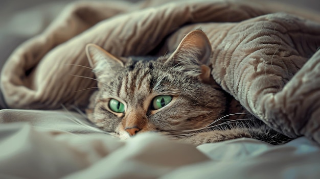 a cat with green eyes is laying in a blanket