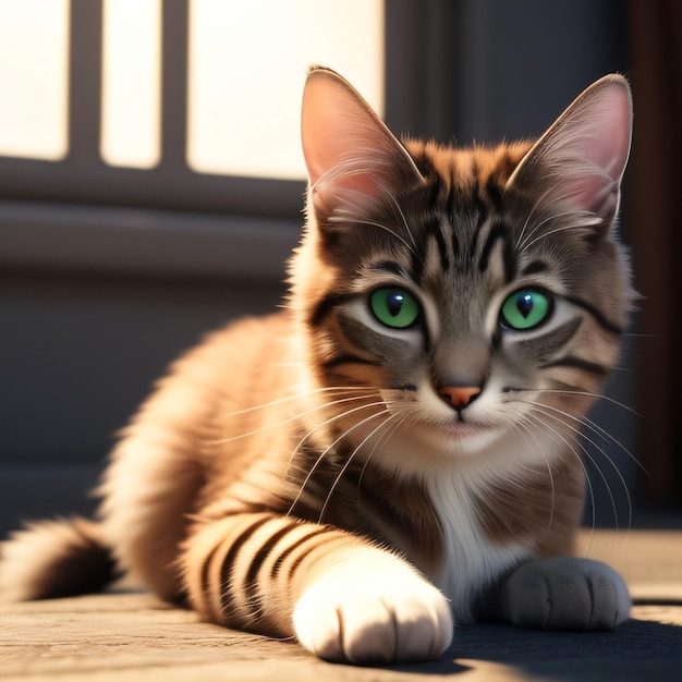 A cat with green eyes is laying on a carpet.