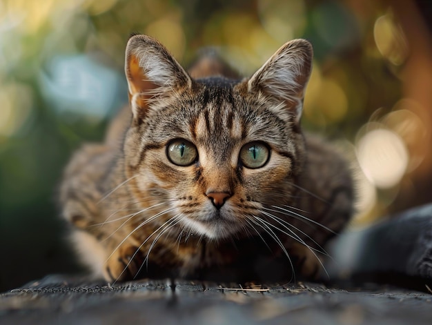 a cat with green eyes is laying on a table