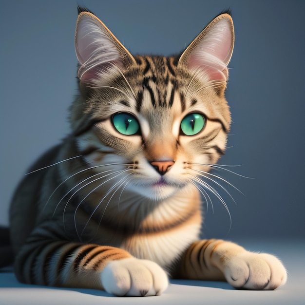 A cat with green eyes is laying on a table.