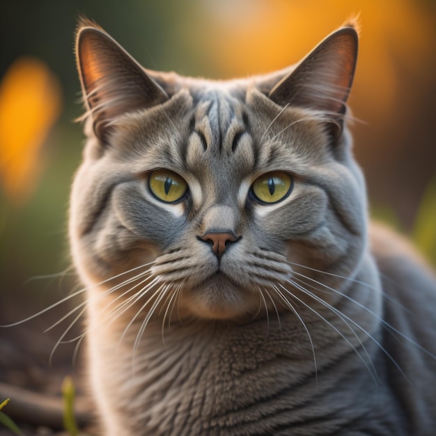 A cat with green eyes is sitting in the grass.