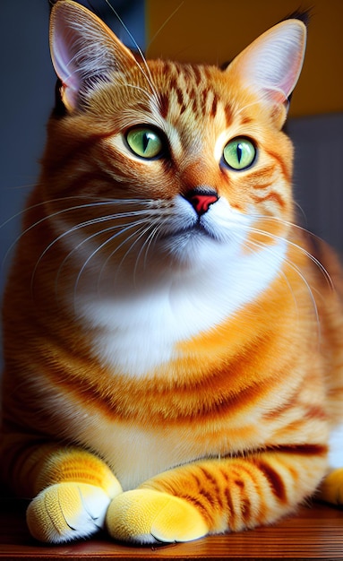 A cat with green eyes is sitting on a table.