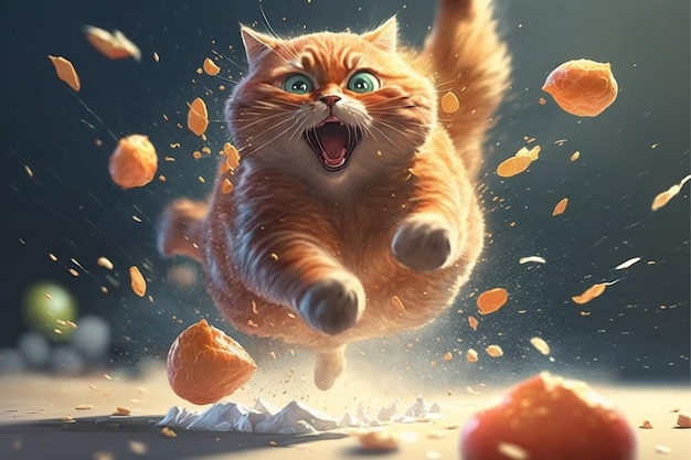 A cat with green eyes jumps over a pile of food.