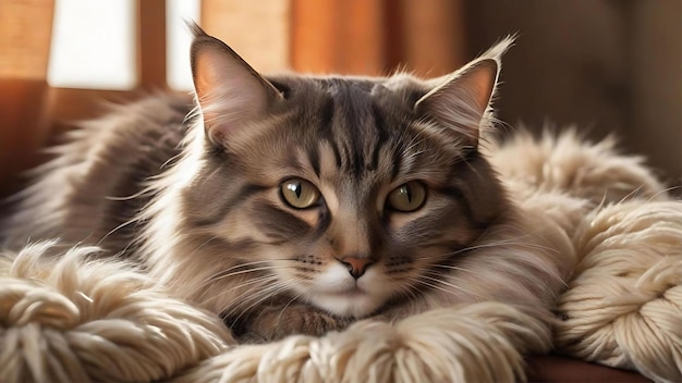 a cat with green eyes laying on a fluffy blanket