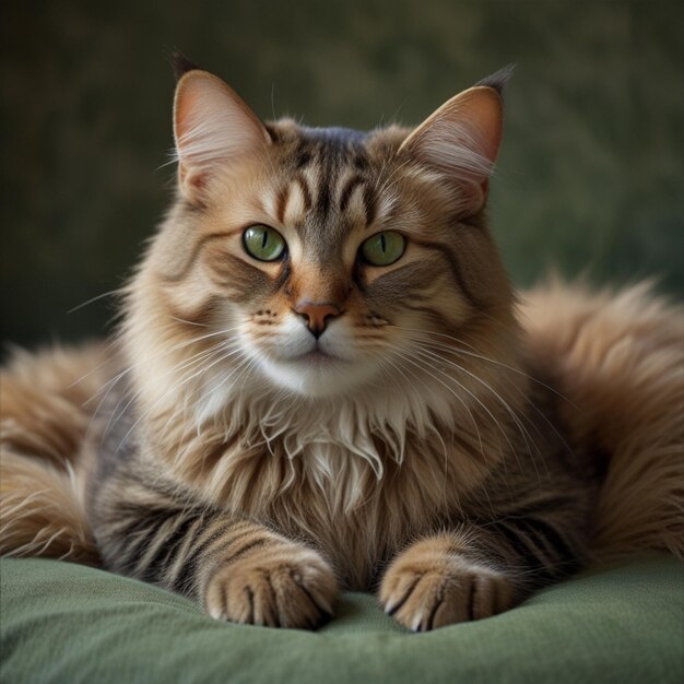 a cat with green eyes laying on a green blanket