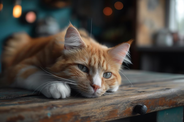 a cat with green eyes laying on a table