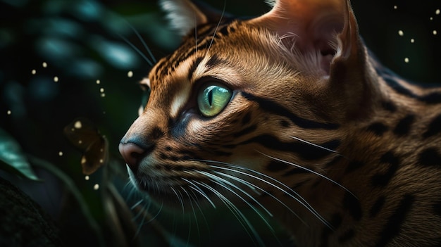 A cat with green eyes looks at a butterfly