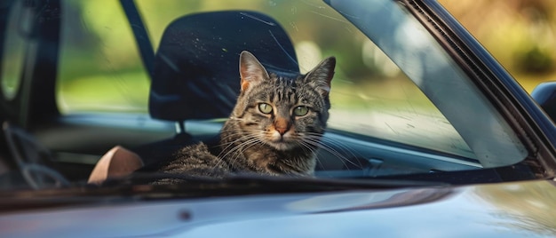 A cat with green eyes sits in the drivers seat of a car peering quizzically through the windshield with a background of blurred greenery