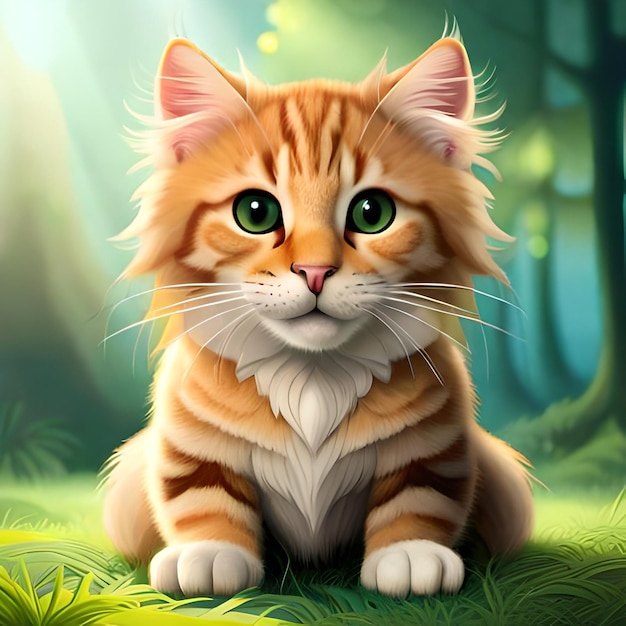 A cat with green eyes sits in a forest.