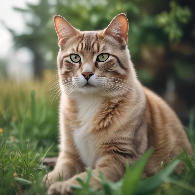 a cat with green eyes sits in the grass