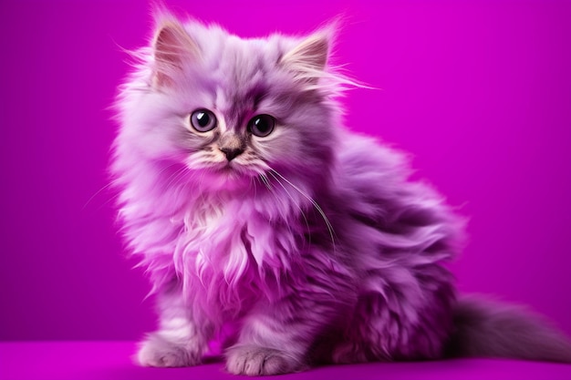 A cat with green eyes sits on a purple surface