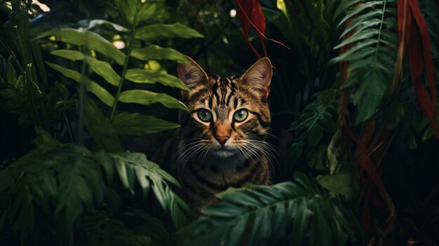 Photo a cat with green eyes standing in the middle of a jungle