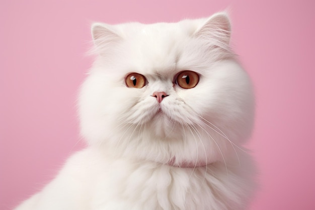 A cat with green eyes and a white nose is sitting on a pink background