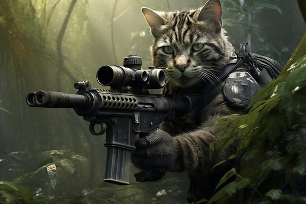 A cat with a gun in his hand