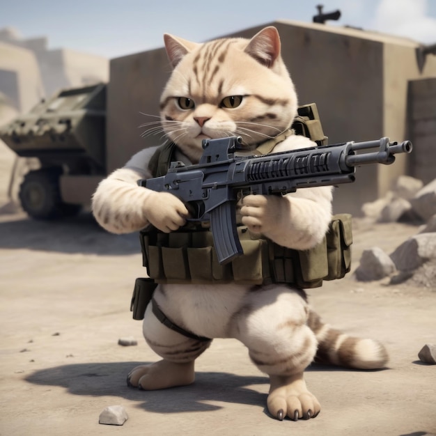 a cat with a gun in its mouth is holding a gun