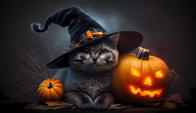 A cat with a halloween pumpkin and a hat