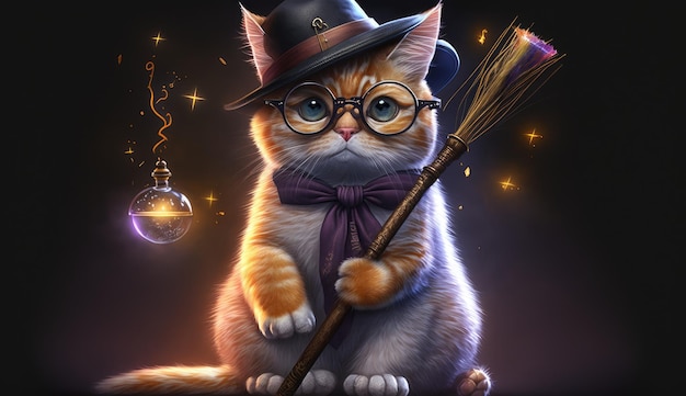 A cat with a hat and glasses sits on a broomstick.