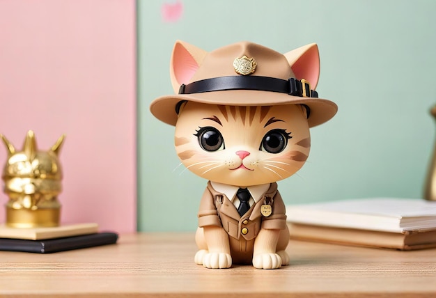 a cat with a hat on is standing on a desk