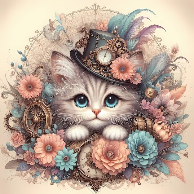 Photo a cat with a hat on its head is surrounded by flowers