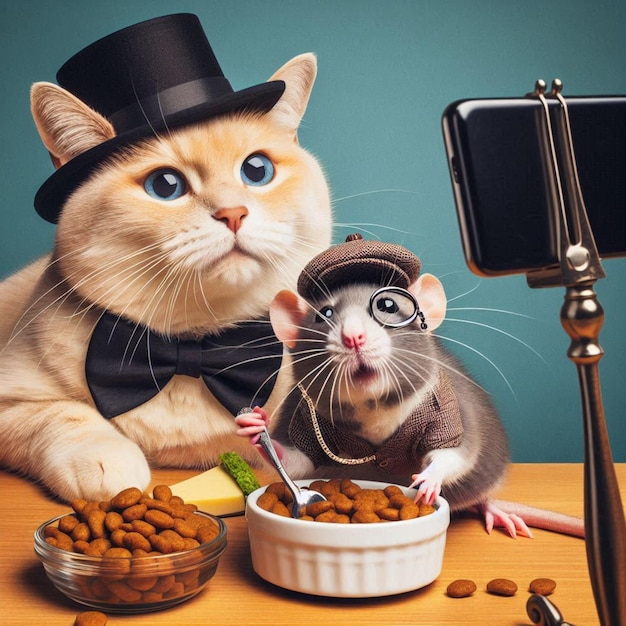 a cat with a hat on and a mouse next to a bowl of nuts and a mouse