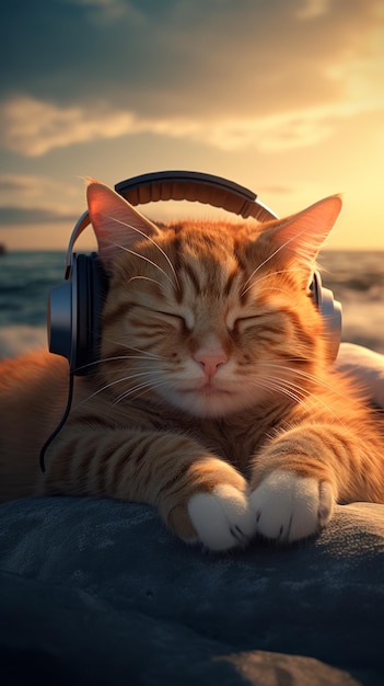 A cat with headphonesis lying on the roof traveling at the beach