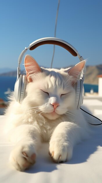 A cat with headphonesis lying on the roof traveling at the beach