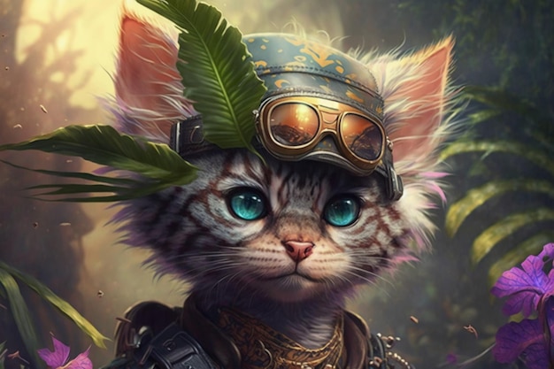 A cat with a helmet and glasses is standing in a forest.