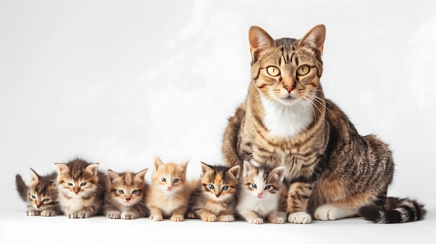 Cat with his childern in farm isolated on white background