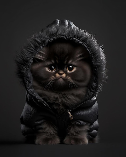 A cat with a hood on it is wearing a black jacket.