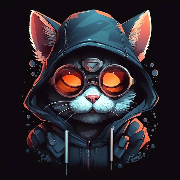 A cat with a hood and orange glasses