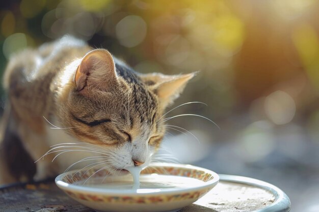 The cat with its charming whiskers engages in a sophisticated milksipping experience