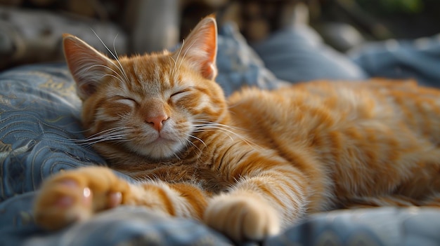 a cat with its eyes closed and sleeping on a bed